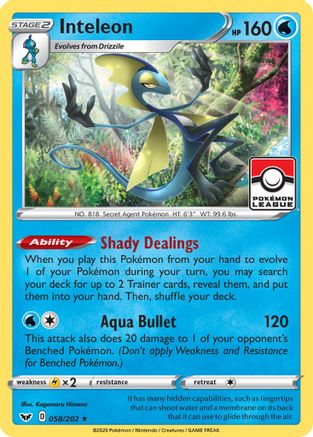 Inteleon (Pokemon League) 058/202 - Reverse Holofoil League & Championship Cards