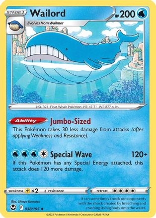 Wailord 038/195 - Reverse Holofoil Silver Tempest