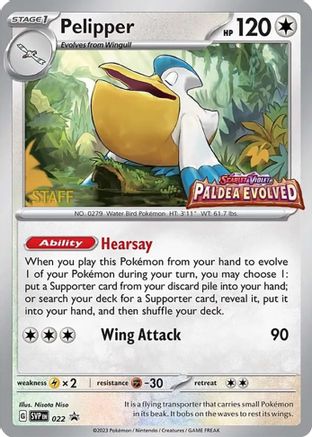 Pelipper (Prerelease) [Staff] 022  - Holofoil SV Scarlet & Violet Promo Cards