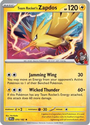 Team Rocket's Zapdos 070/182 - Reverse Holofoil Destined Rivals - Rare