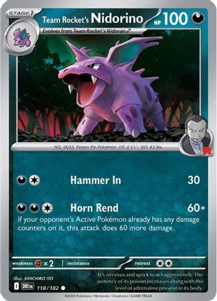 Team Rocket's Nidorino 118/182 - Reverse Holofoil Destined Rivals - Common